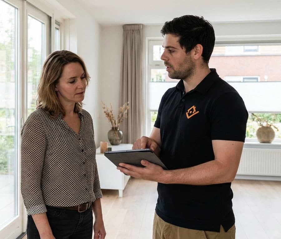 Bouwkundig expert bespreekt bevindingen met klant in woning