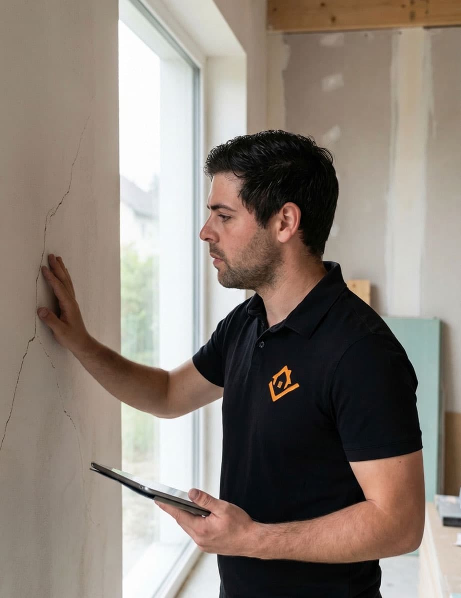 Deskundigenonderzoek bouwkundige inspecteert scheur in muur