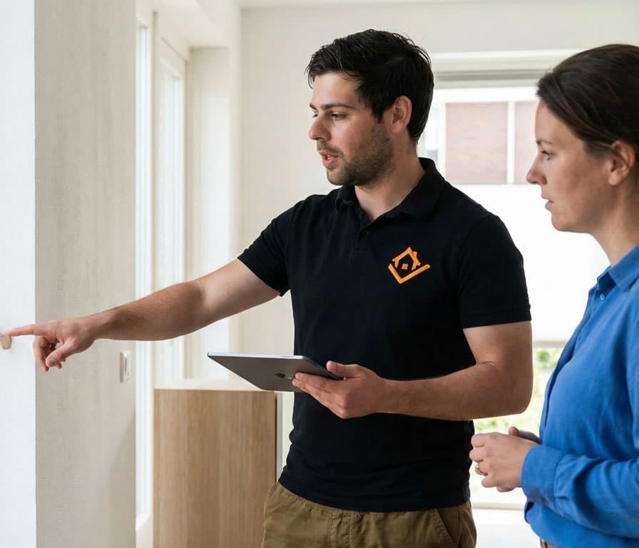 inspector explaining findings to buyer during house inspection